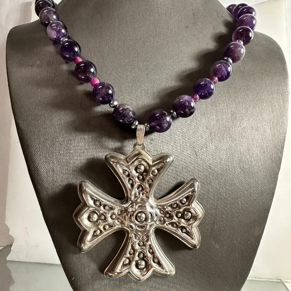 Maltese Cross Sterling Silver Genuine Ruby Tahitian Pearls Amethyst Necklace 925